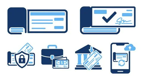 Check payment and bank document transaction icons with document, signature Stock Illustration