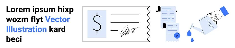 Check payment, signed document, hand pouring water on paper, text. Ideal for  Stock Illustration