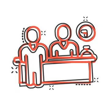 Check in reception icon in comic style. Booking service cartoon vector illust Stockillustratie