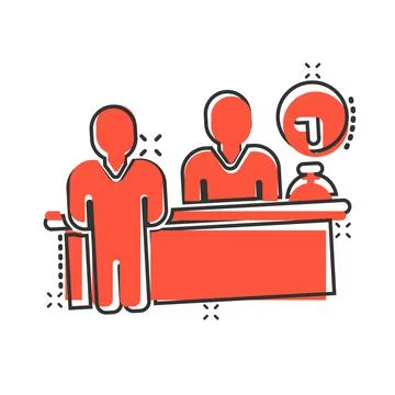 Check in reception icon in comic style. Booking service cartoon vector illust Illustrazione stock