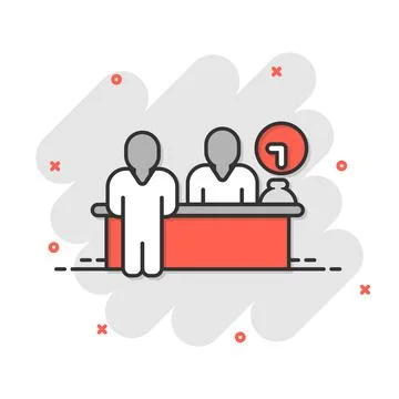 Check in reception icon in comic style. Booking service cartoon vector illust Stockillustratie