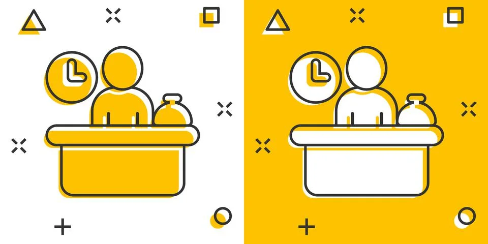 Check in reception icon in comic style. Booking service cartoon vector illust Stockillustratie