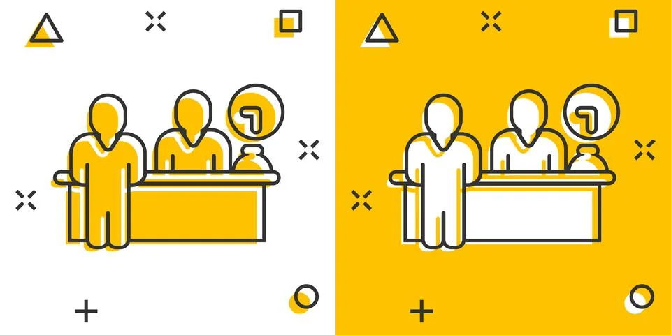 Check in reception icon in comic style. Booking service cartoon vector illust Illustrazione stock