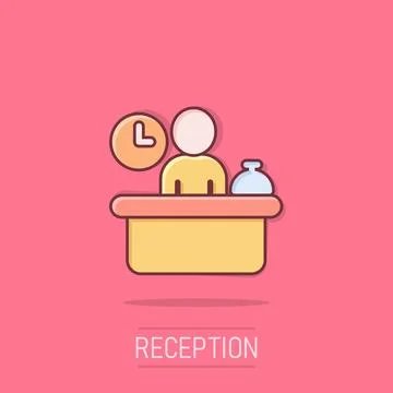 Check in reception icon in comic style. Booking service cartoon vector illu.. Stockillustratie