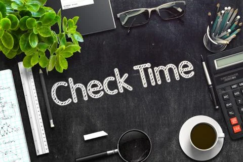 Check Time - Text on Black Chalkboard. 3D Rendering Illustrazione stock