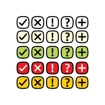 Check, X mark, Exclamation point, Question mark, Plus icon set Stock Illustration