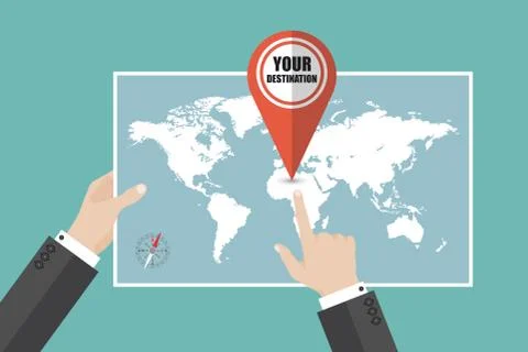 Check your destination on world map. Vector illustration in flat design Stock Illustration