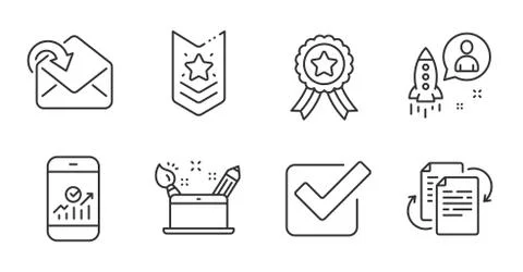 Checkbox, Receive mail and Shoulder strap icons set. Creativity concept Stock-Illustration