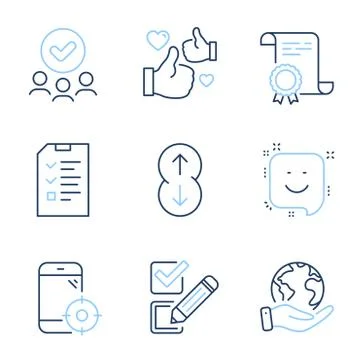 Checkbox, Scroll down and Smile icons set. Interview, Seo phone and Like signs Stock Illustration