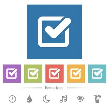 Checked box flat white icons in square backgrounds Stock Illustration