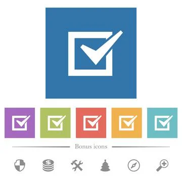 Checked box flat white icons in square backgrounds Stock Illustration