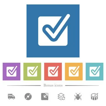 Checked box flat white icons in square backgrounds Stock Illustration