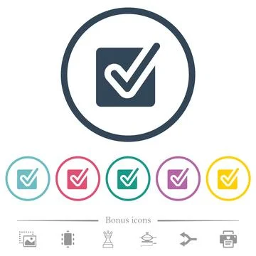 Checked box solid flat color icons in round outlines 스톡 일러스트