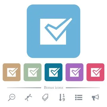 Checked box solid flat icons on color rounded square backgrounds Stock Illustration