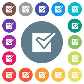 Checked box solid flat white icons on round color backgrounds 스톡 일러스트