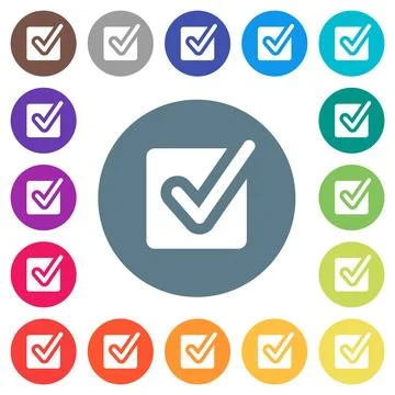 Checked box solid flat white icons on round color backgrounds 스톡 일러스트