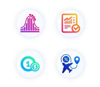 Checked calculation, Roller coaster and Usd coins icons set. Flight sale sign Ilustração Stock
