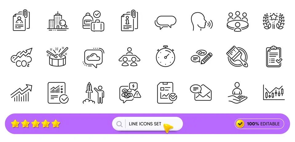 Checked calculation, Stress and Launch project line icons for web app. Pictogram Stock Illustration