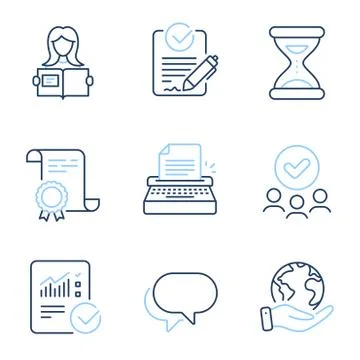 Checked calculation, Time and Rfp icons set. Woman read, Talk bubble and Stock Illustration