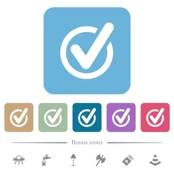 Checked data flat icons on color rounded square backgrounds Stock Illustration