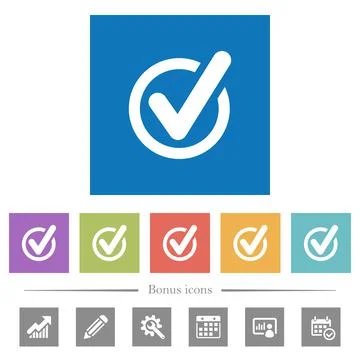 Checked data flat white icons in square backgrounds Stock Illustration