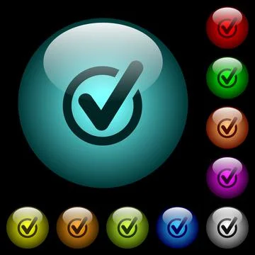Checked data icons in color illuminated glass buttons Stock Illustration