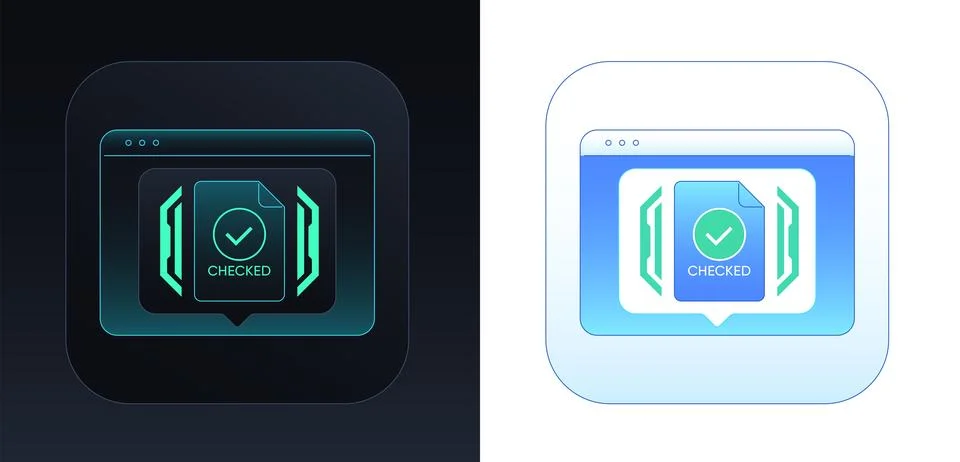 Checked document. Computer window frame with verified file notice. Digital .. Illustrazione stock