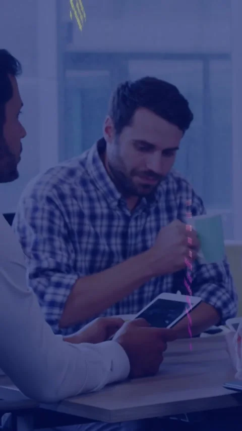 Checked man sipping coffee then tapping tablet, collaborating, code overlay Stock Footage 330260216