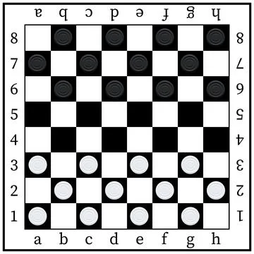 Checker board, top view of 3d black white round chips, table with checkerboard Stock Illustration