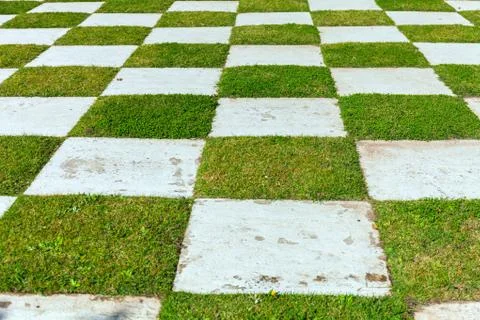 A checker matrix of grass and rustic clay tile in an outdoor park. Japanese Stock Photos