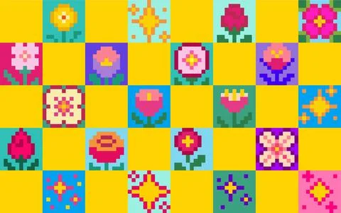 Checkerboard pixel flower y2k pattern Stock Illustration