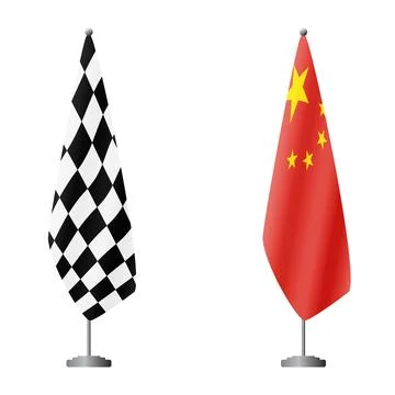 Checkered and China flags on flagpoles for official ceremonies and meetings Stockillustratie
