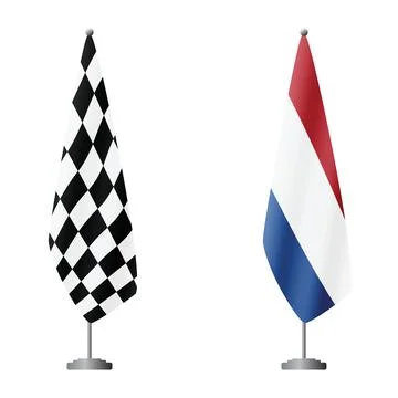 Checkered and Netherlands flags on flagpoles for official ceremonies and Stock Illustration