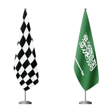 Checkered and Saudi Arabia flags on flagpoles for official ceremonies and Stockillustratie