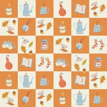 Checkered Autumn cozy elements seamless pattern. Hygge style geometric print. Stock Illustration