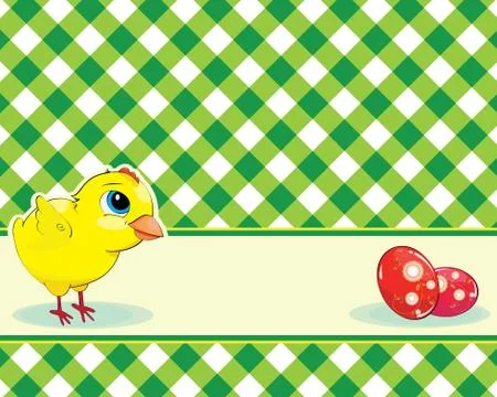 Checkered background with chicken and easter eggs Illustrazione stock