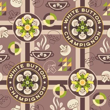 Checkered background with mushrooms. Logo, elements in simple geometric style 스톡 일러스트