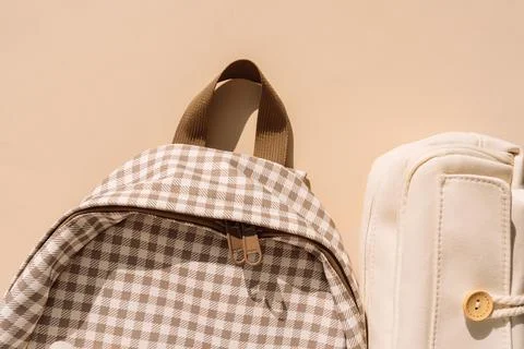 Checkered backpack and beige pencil case in warm sunlight, stylish back to 스톡 사진