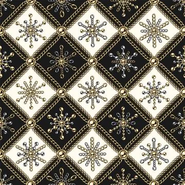 Checkered black and white pattern with snowflakes made of jewelry chains Stock Illustration