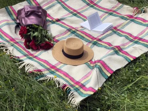 Checkered blanket on the grass. Backpack full of red peonies. A hat on the blank Stock Photos