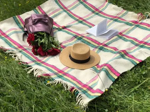 Checkered blanket on the grass. Backpack full of red peonies Stock Photos
