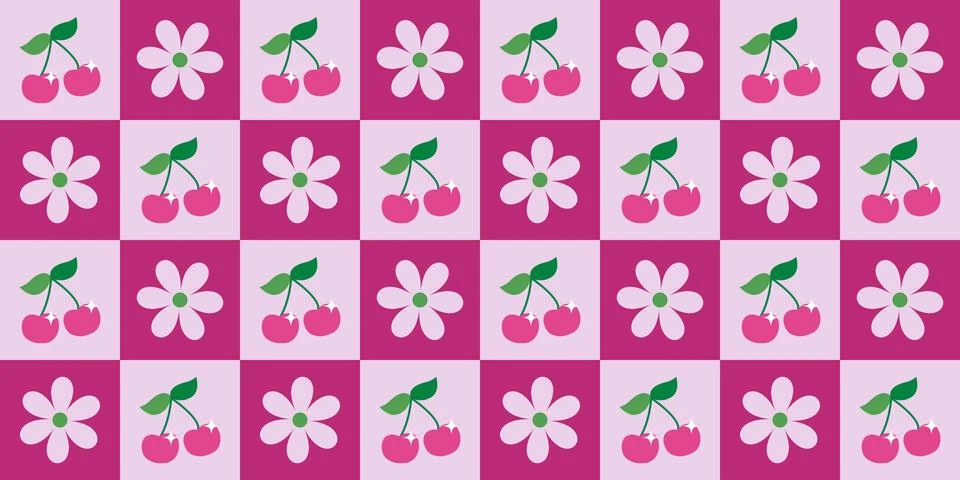 Checkered cherry and flower seamless pattern in pink colors. Stock Illustration