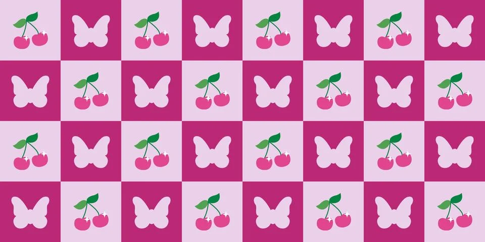 Checkered cherry with butterfly seamless pattern in pink colors. Stock Illustration