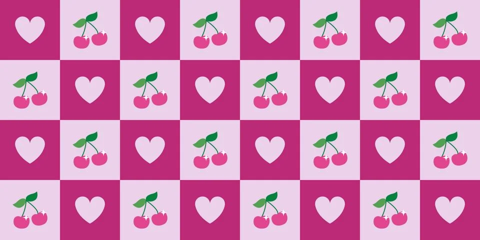 Checkered cherry with heart seamless pattern in pink colors. Stock Illustration