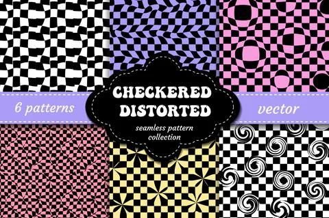 Checkered distorted seamless pattern set. Abstract black and white checkered Stock Illustration