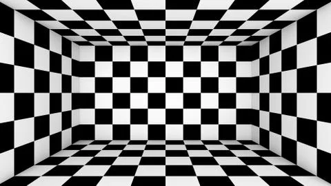 Checkered empty room. Abstract wallpaper, black and white flooring illusion p Illustrazione stock