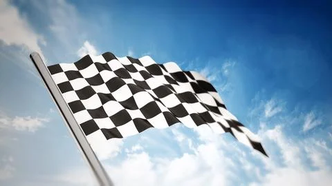 Checkered flag on blue sky background. 3D illustration Stockillustratie