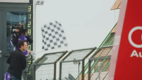 Checkered Flag - Car Racing - Auto Race - Slow Motion - Racing Track Stock Footage 128662238