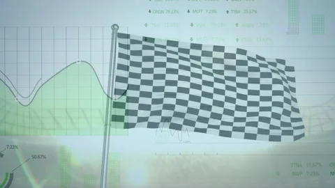 Checkered flag fluttering on metal pole over flat-design dashboard with green Stock Footage 307884967