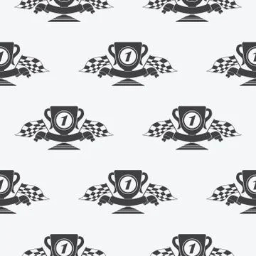 Checkered Flag or racing flags icon seamless pattern first place prize cup an Stock Illustration